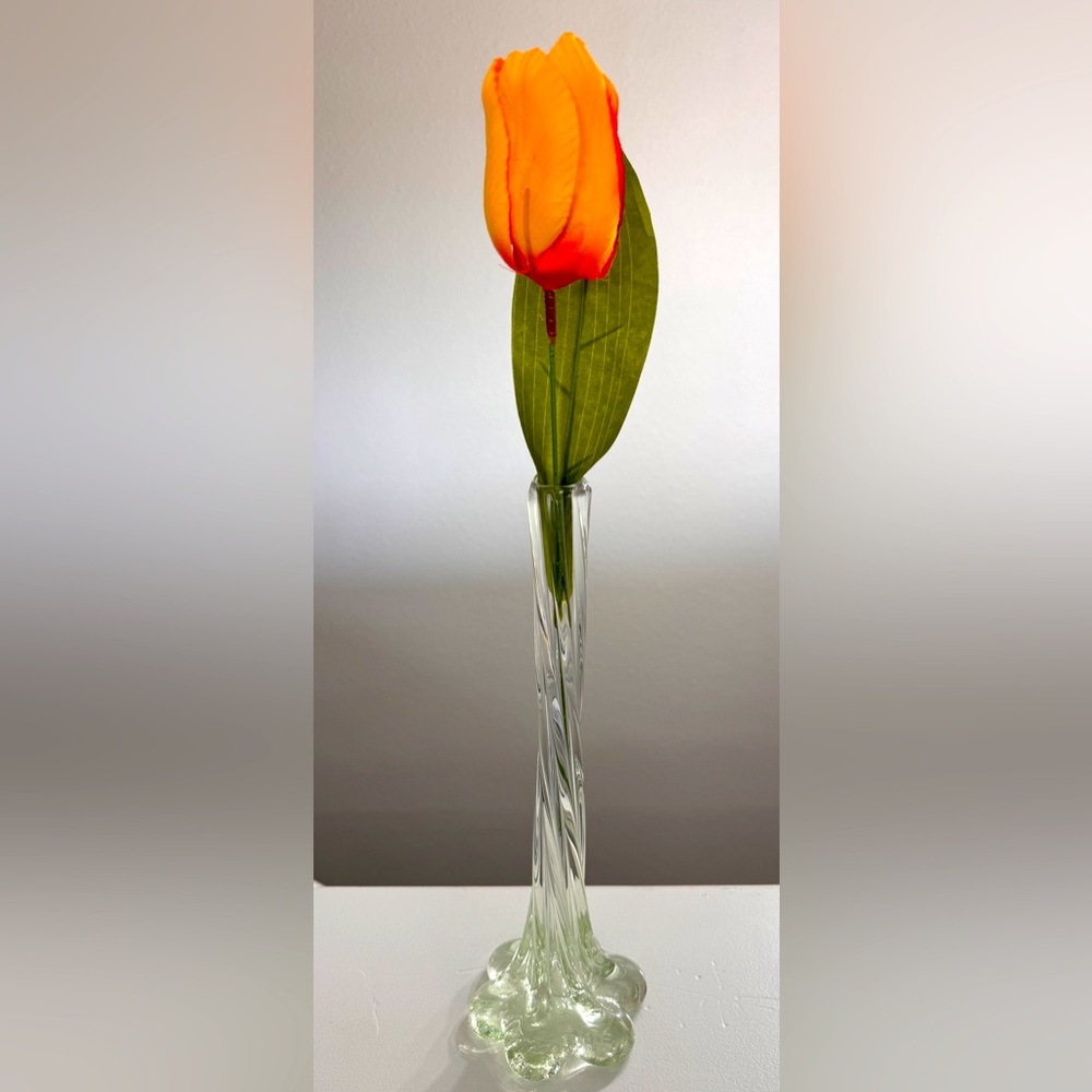 Tall Twisted Elephant Foot Art Glass Bud Vase Hand Blown 11.25” MCM Greenish